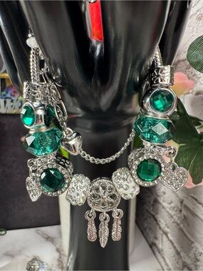 Silver-Tone Green Crystal Charm Bracelet